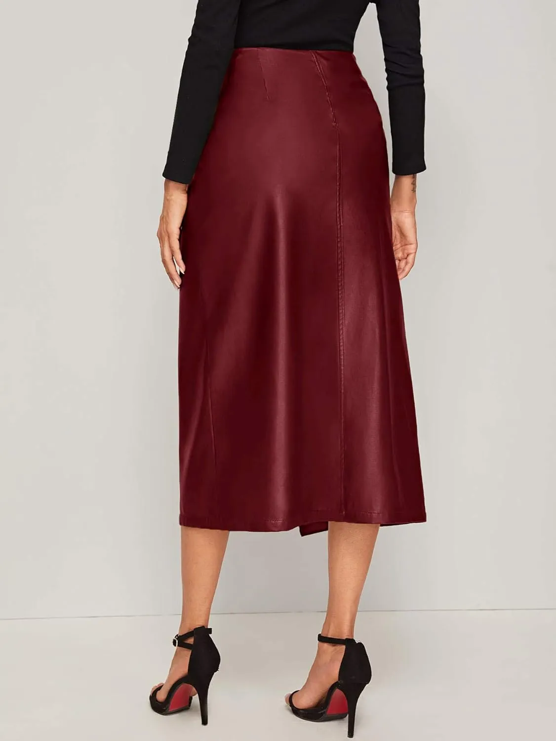 SweatyRocks Women's Elegant High Waist Tie Knot Wrap PU Leather Midi Skirts