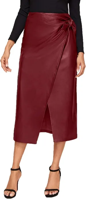 SweatyRocks Women's Elegant High Waist Tie Knot Wrap PU Leather Midi Skirts