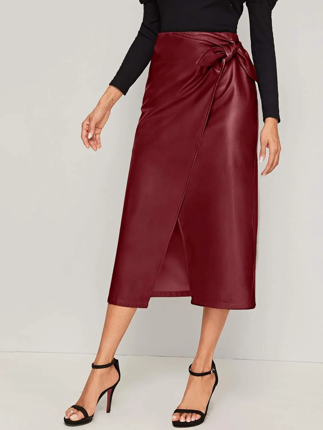 SweatyRocks Women's Elegant High Waist Tie Knot Wrap PU Leather Midi Skirts