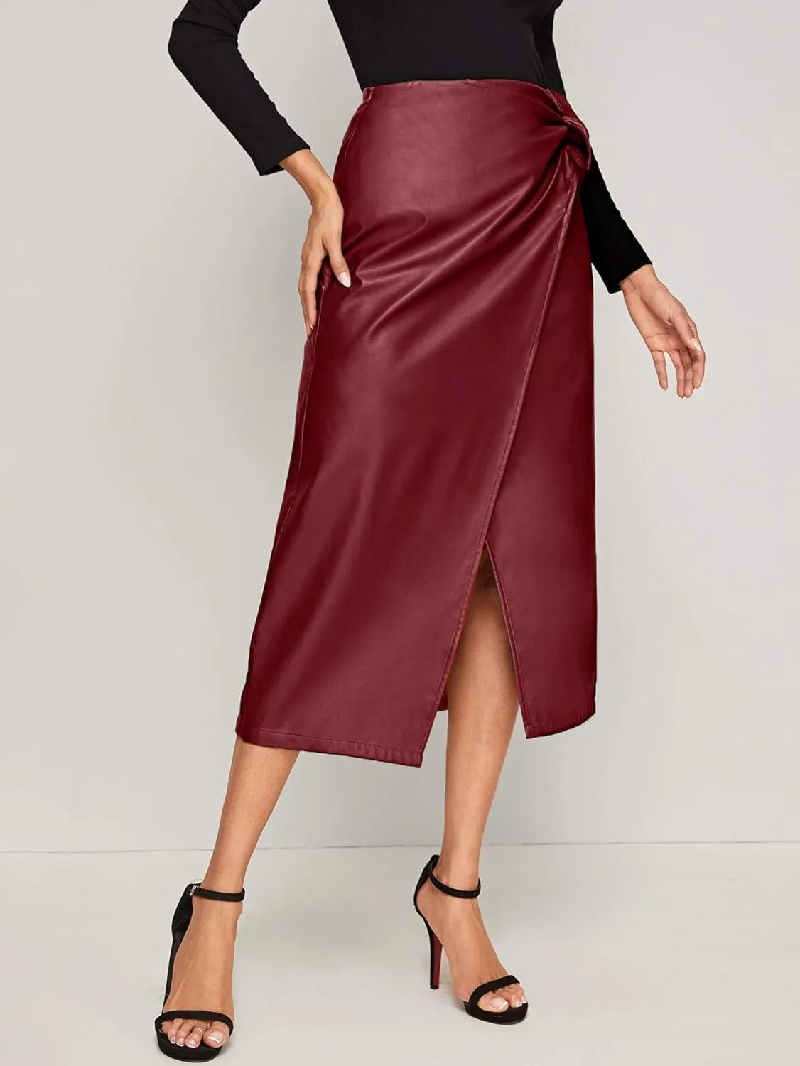 SweatyRocks Women's Elegant High Waist Tie Knot Wrap PU Leather Midi Skirts