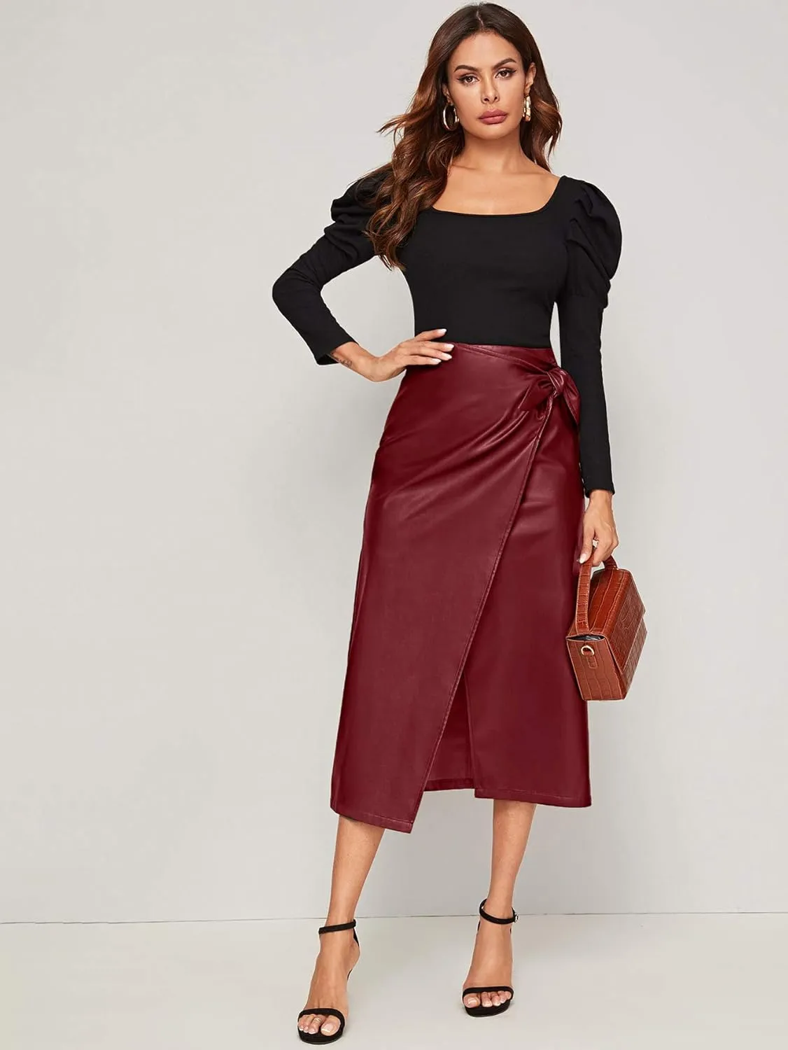 SweatyRocks Women's Elegant High Waist Tie Knot Wrap PU Leather Midi Skirts