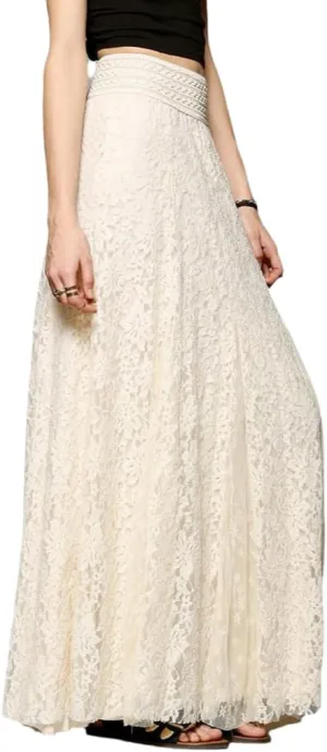 THLAI Womens Maxi Solid Elegant Pleated Skirt Lace Mesh Daily Skirt