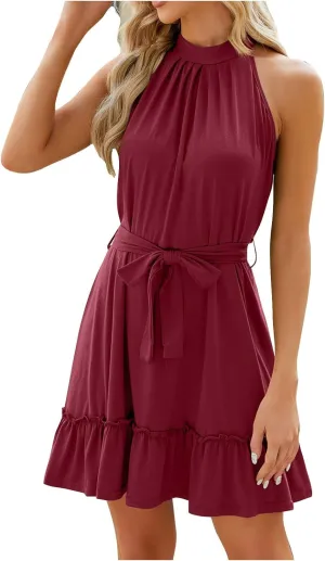 Tie Waist Ruffle Dress Women Halter Sleeveless Sundress Sexy Trendy Pleated Mini Dresses Solid Flowy Boho Beach Dress