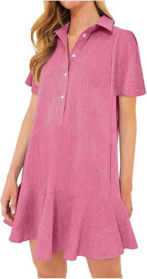Tshirt Dress Women Summer 2024 Button Down Ruched Ruffle Loose Fit Dresses Short Sleeve Lapel Mini Casual Dresses