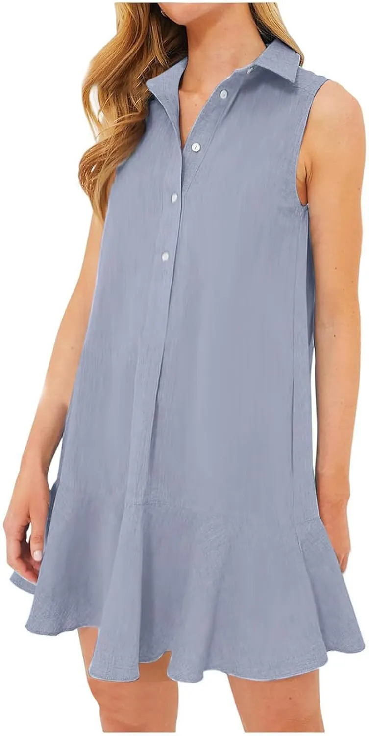 Tshirt Dress Women Summer 2024 Button Down Ruched Ruffle Loose Fit Dresses Short Sleeve Lapel Mini Casual Dresses