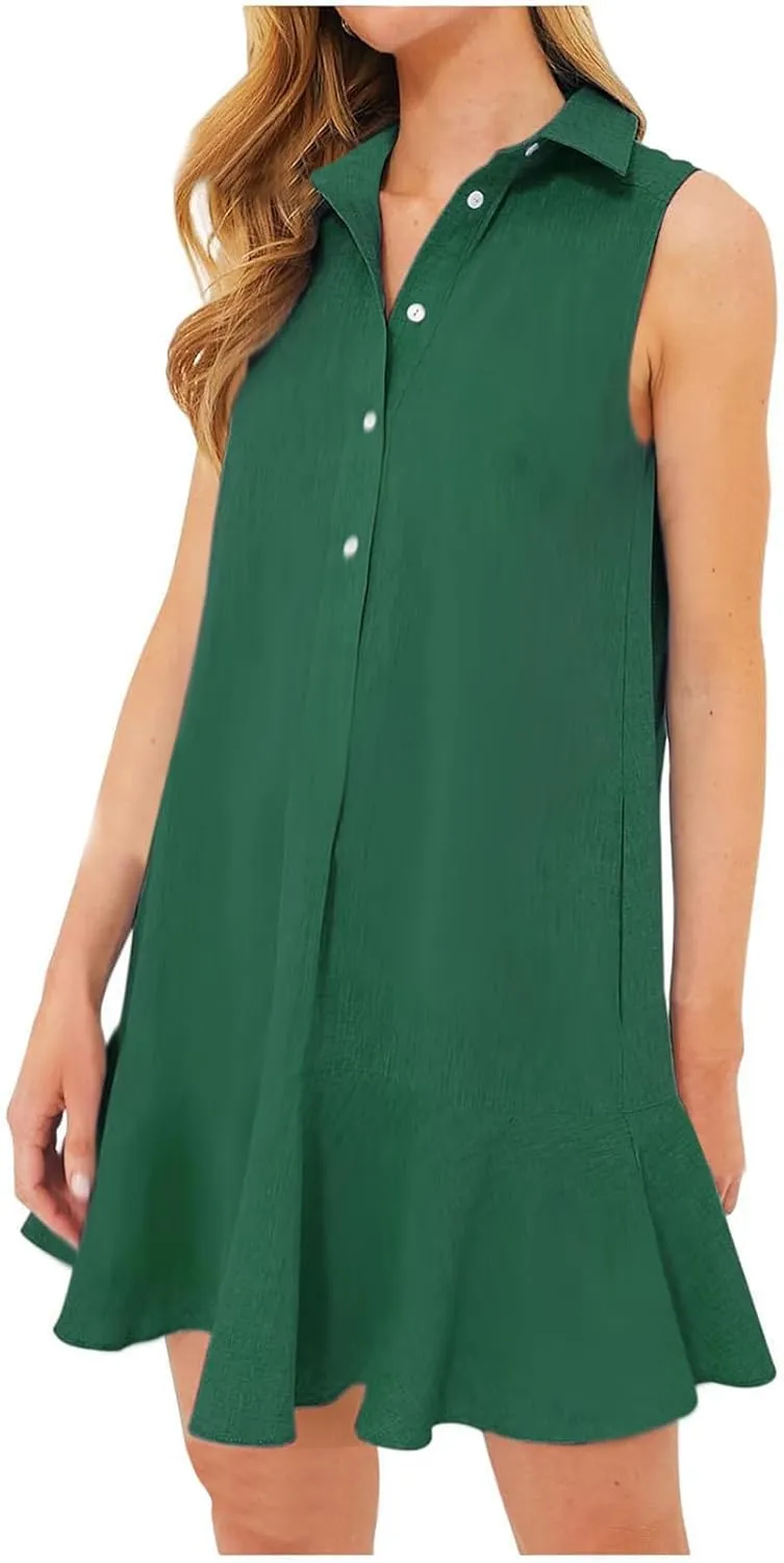 Tshirt Dress Women Summer 2024 Button Down Ruched Ruffle Loose Fit Dresses Short Sleeve Lapel Mini Casual Dresses