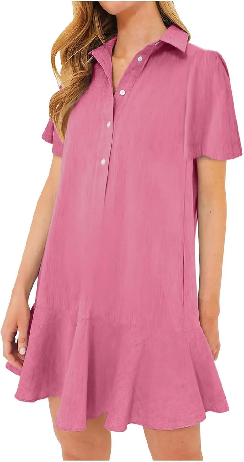 Tshirt Dress Women Summer 2024 Button Down Ruched Ruffle Loose Fit Dresses Short Sleeve Lapel Mini Casual Dresses