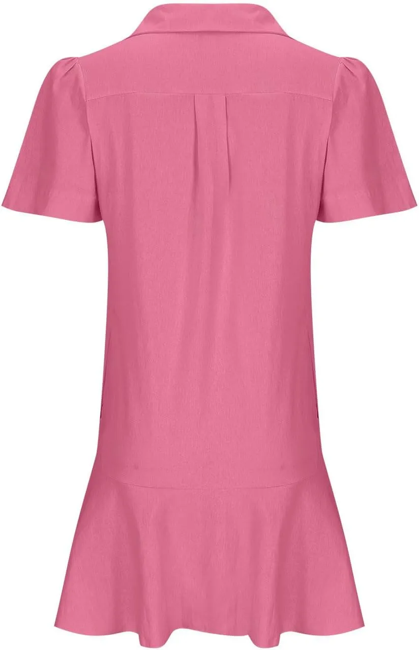 Tshirt Dress Women Summer 2024 Button Down Ruched Ruffle Loose Fit Dresses Short Sleeve Lapel Mini Casual Dresses
