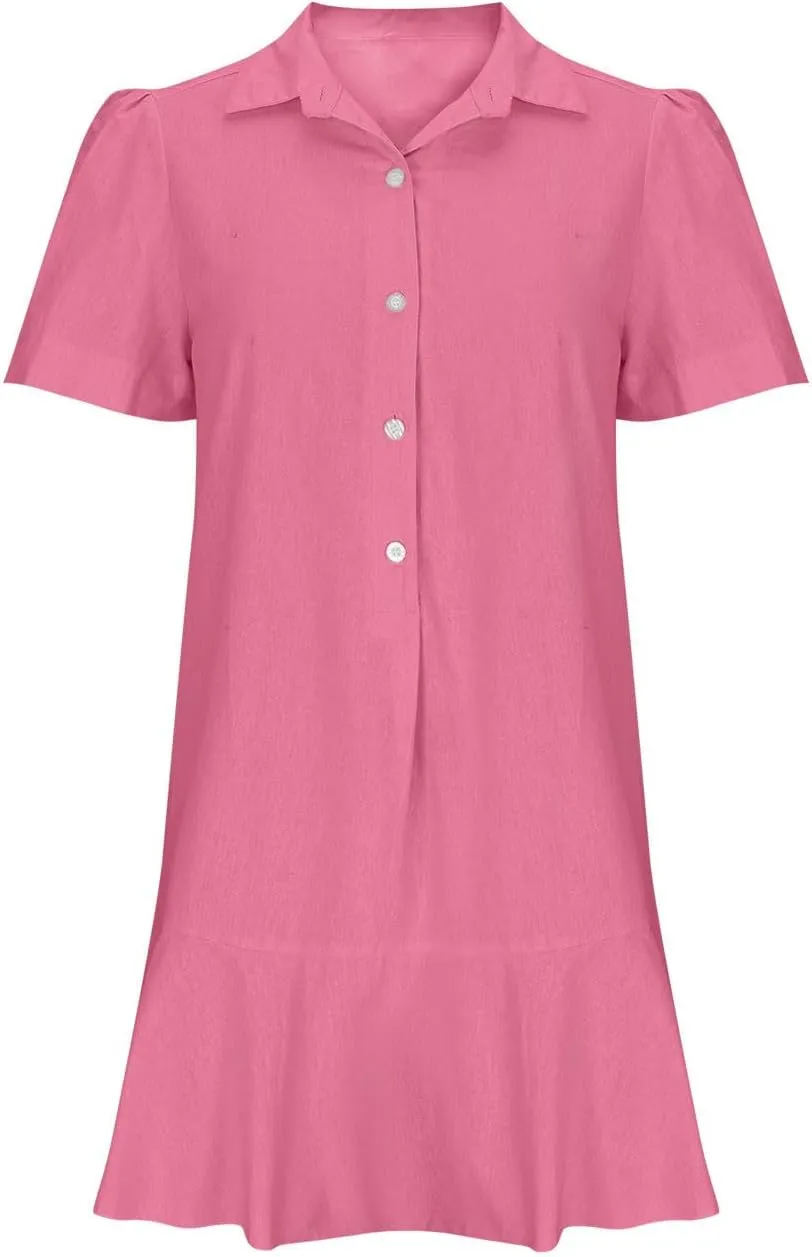Tshirt Dress Women Summer 2024 Button Down Ruched Ruffle Loose Fit Dresses Short Sleeve Lapel Mini Casual Dresses