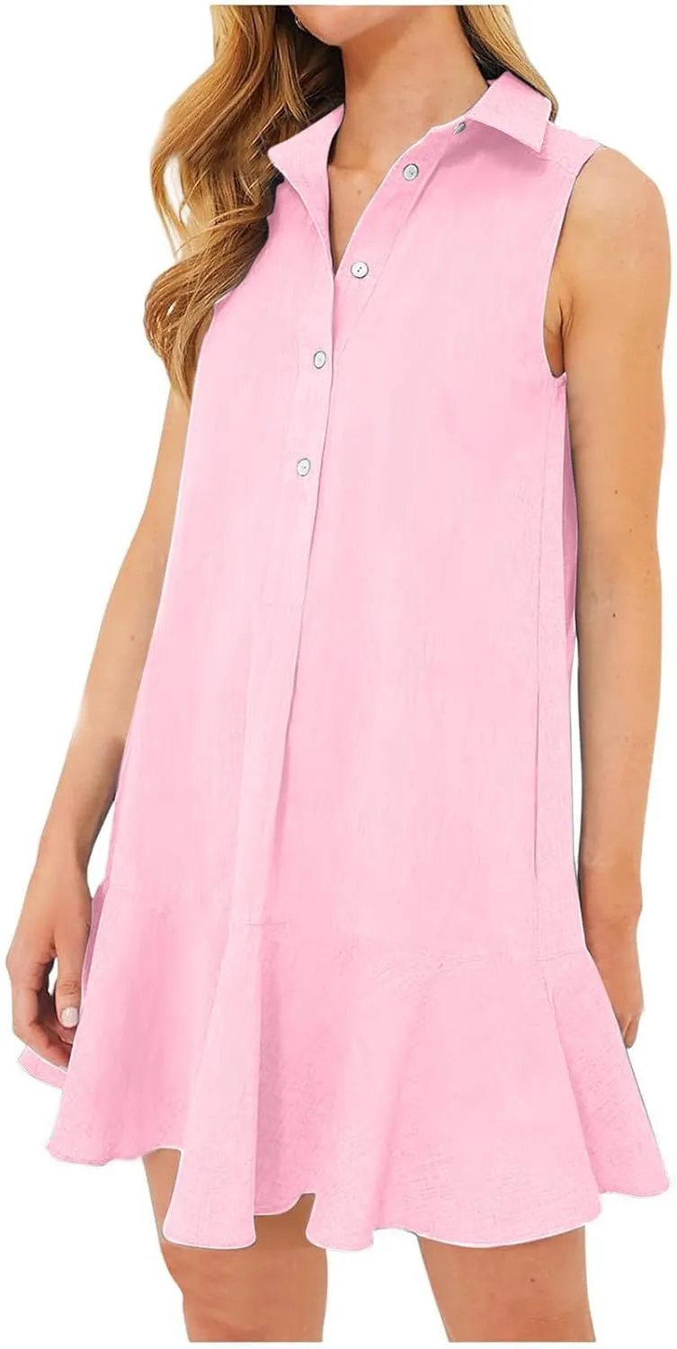 Tshirt Dress Women Summer 2024 Button Down Ruched Ruffle Loose Fit Dresses Short Sleeve Lapel Mini Casual Dresses
