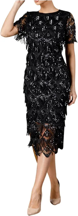 TUNUSKAT Womens Elegant Black Sequin Cocktail Dresses Midi Vintage Short Sleeve Formal Gowns Ladies Glitter Evening Dresses