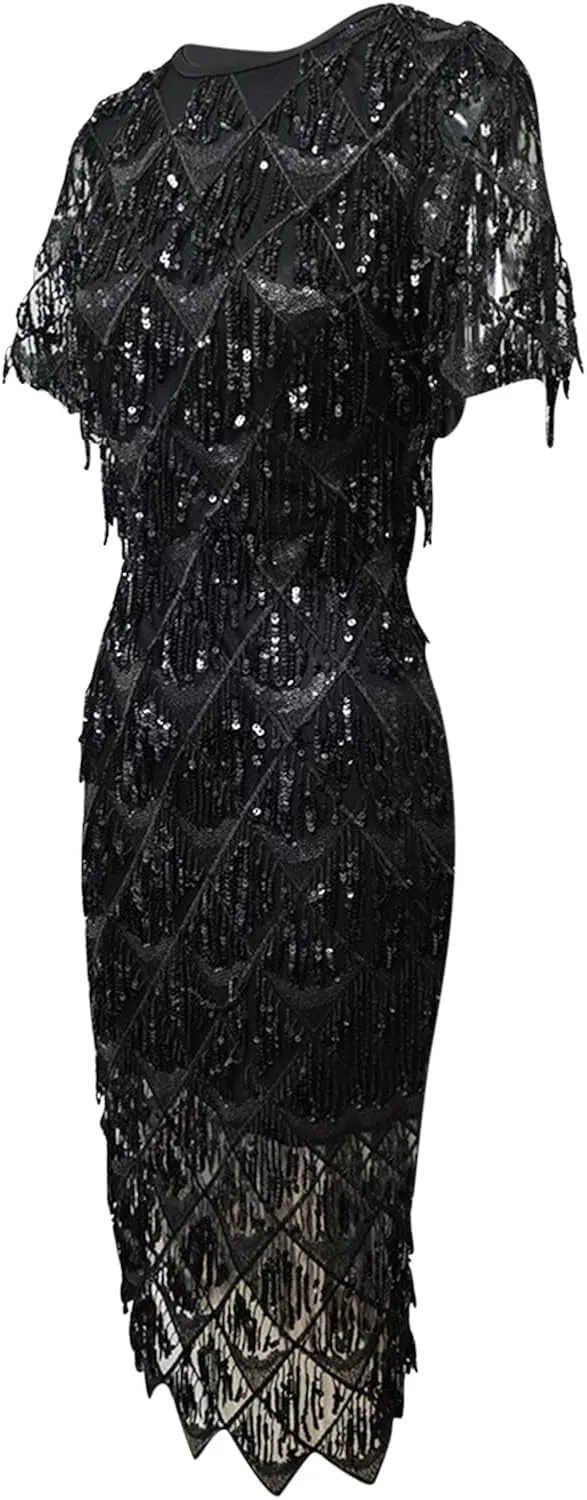 TUNUSKAT Womens Elegant Black Sequin Cocktail Dresses Midi Vintage Short Sleeve Formal Gowns Ladies Glitter Evening Dresses