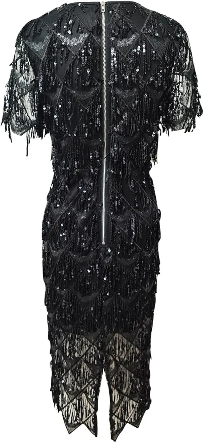 TUNUSKAT Womens Elegant Black Sequin Cocktail Dresses Midi Vintage Short Sleeve Formal Gowns Ladies Glitter Evening Dresses