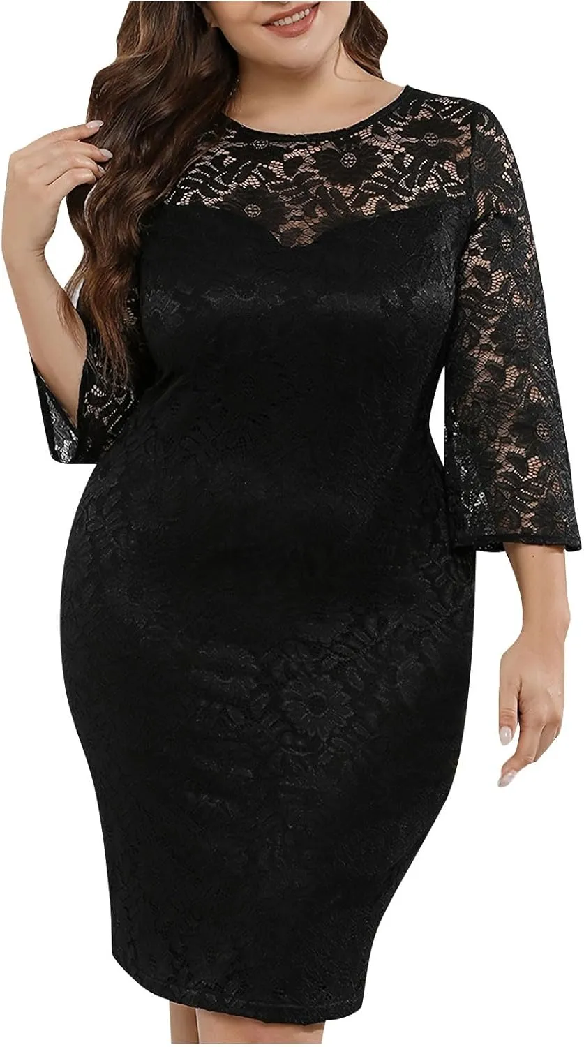 TUNUSKAT Womens Plus Size Lace Dresses for Wedding Guest 3/4 Sleeve Midi Homecoming Dress Elegant Mother of Bride Dress