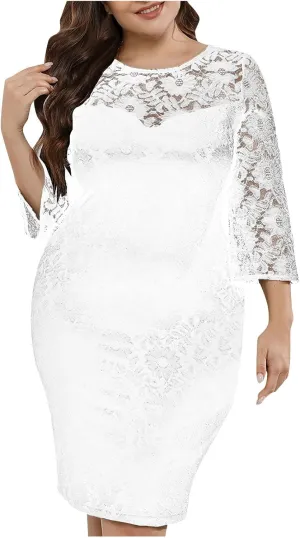 TUNUSKAT Womens Plus Size Lace Dresses for Wedding Guest 3/4 Sleeve Midi Homecoming Dress Elegant Mother of Bride Dress