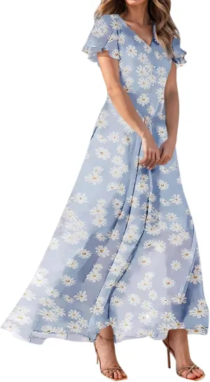 TWGONE Maxi Dresses for Women 2025 Summer Casual Trendy Floral Boho Dress V Neck Short Sleeve Chiffon Flowy Beach Dresses