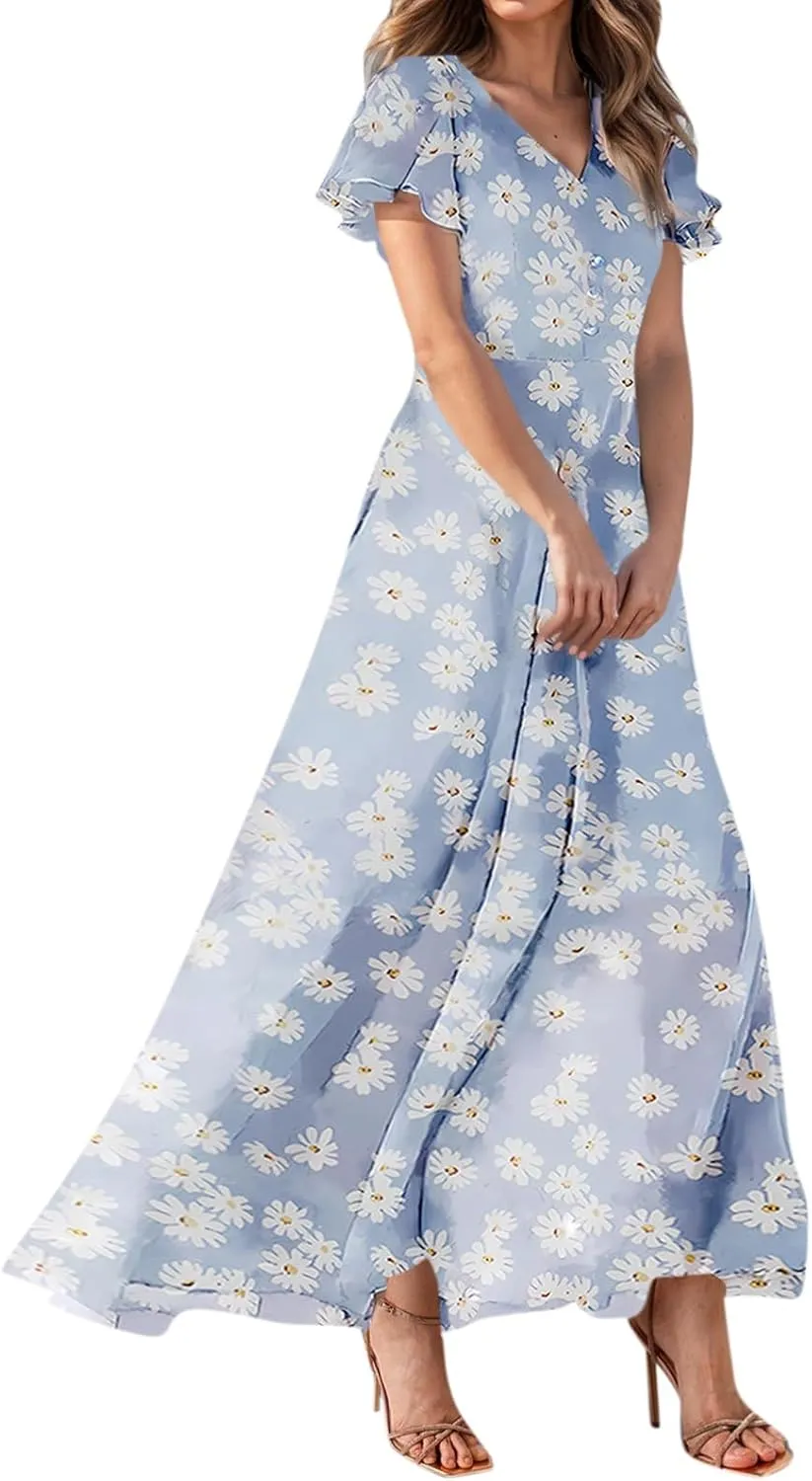 TWGONE Maxi Dresses for Women 2025 Summer Casual Trendy Floral Boho Dress V Neck Short Sleeve Chiffon Flowy Beach Dresses