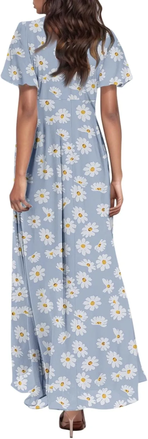 TWGONE Maxi Dresses for Women 2025 Summer Casual Trendy Floral Boho Dress V Neck Short Sleeve Chiffon Flowy Beach Dresses