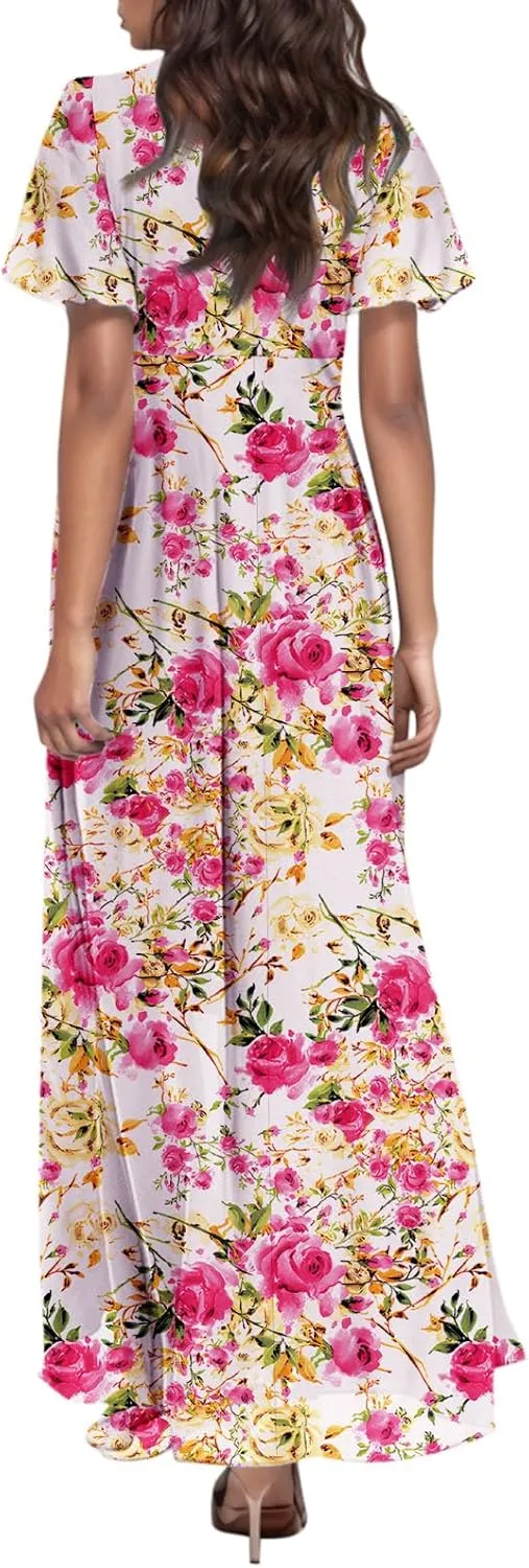 TWGONE Maxi Dresses for Women 2025 Summer Casual Trendy Floral Boho Dress V Neck Short Sleeve Chiffon Flowy Beach Dresses