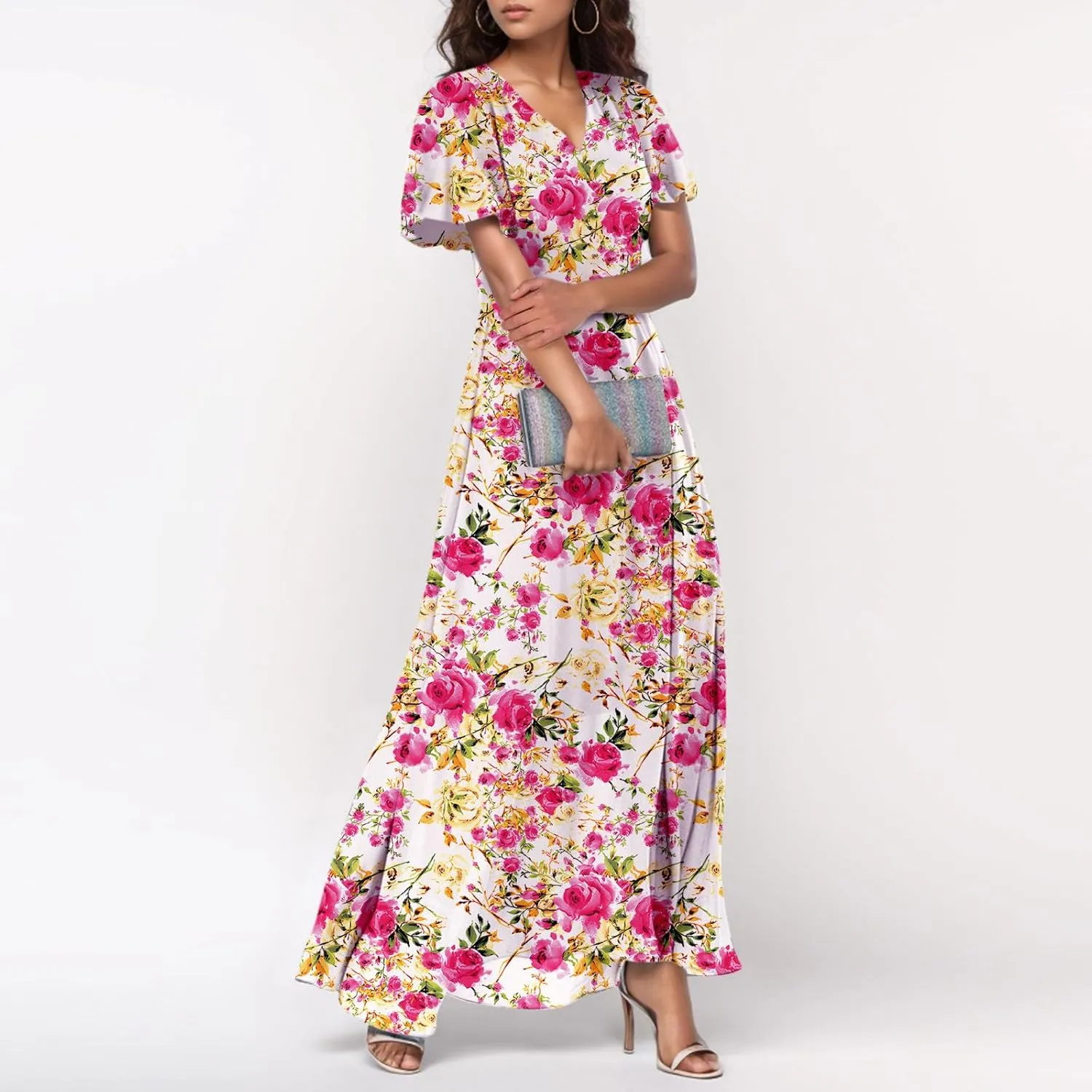 TWGONE Maxi Dresses for Women 2025 Summer Casual Trendy Floral Boho Dress V Neck Short Sleeve Chiffon Flowy Beach Dresses