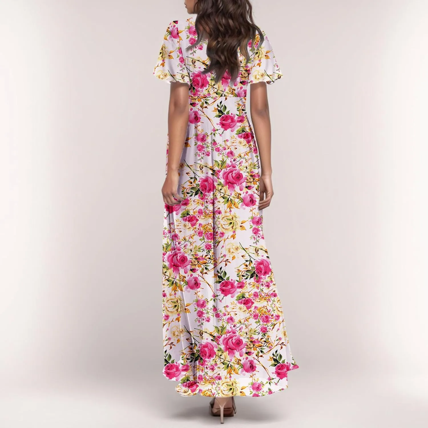 TWGONE Maxi Dresses for Women 2025 Summer Casual Trendy Floral Boho Dress V Neck Short Sleeve Chiffon Flowy Beach Dresses