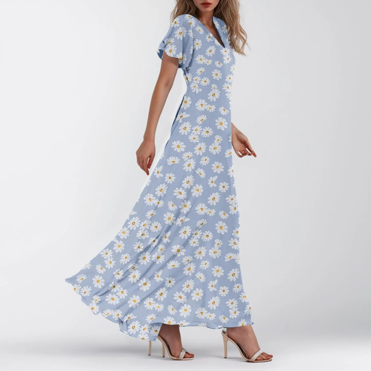 TWGONE Maxi Dresses for Women 2025 Summer Casual Trendy Floral Boho Dress V Neck Short Sleeve Chiffon Flowy Beach Dresses