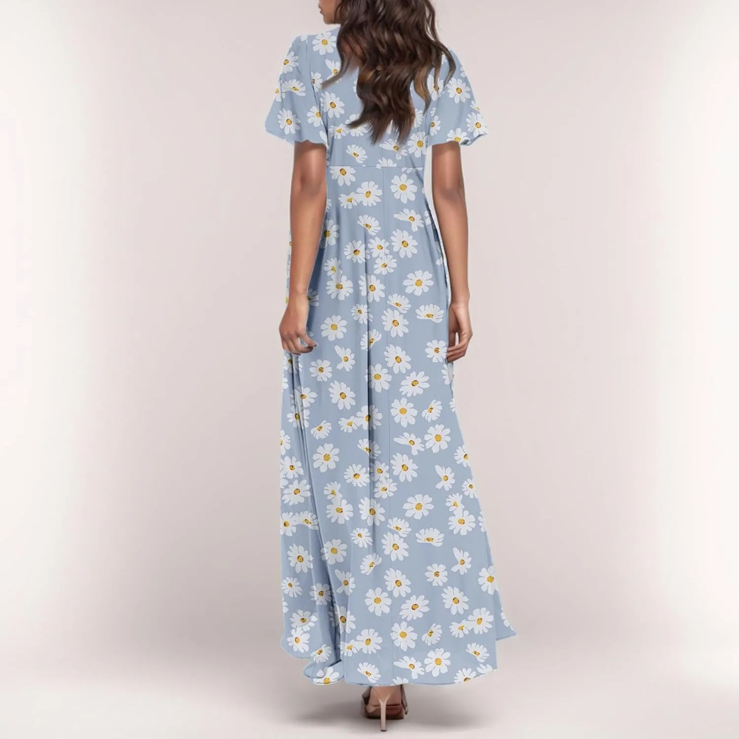 TWGONE Maxi Dresses for Women 2025 Summer Casual Trendy Floral Boho Dress V Neck Short Sleeve Chiffon Flowy Beach Dresses