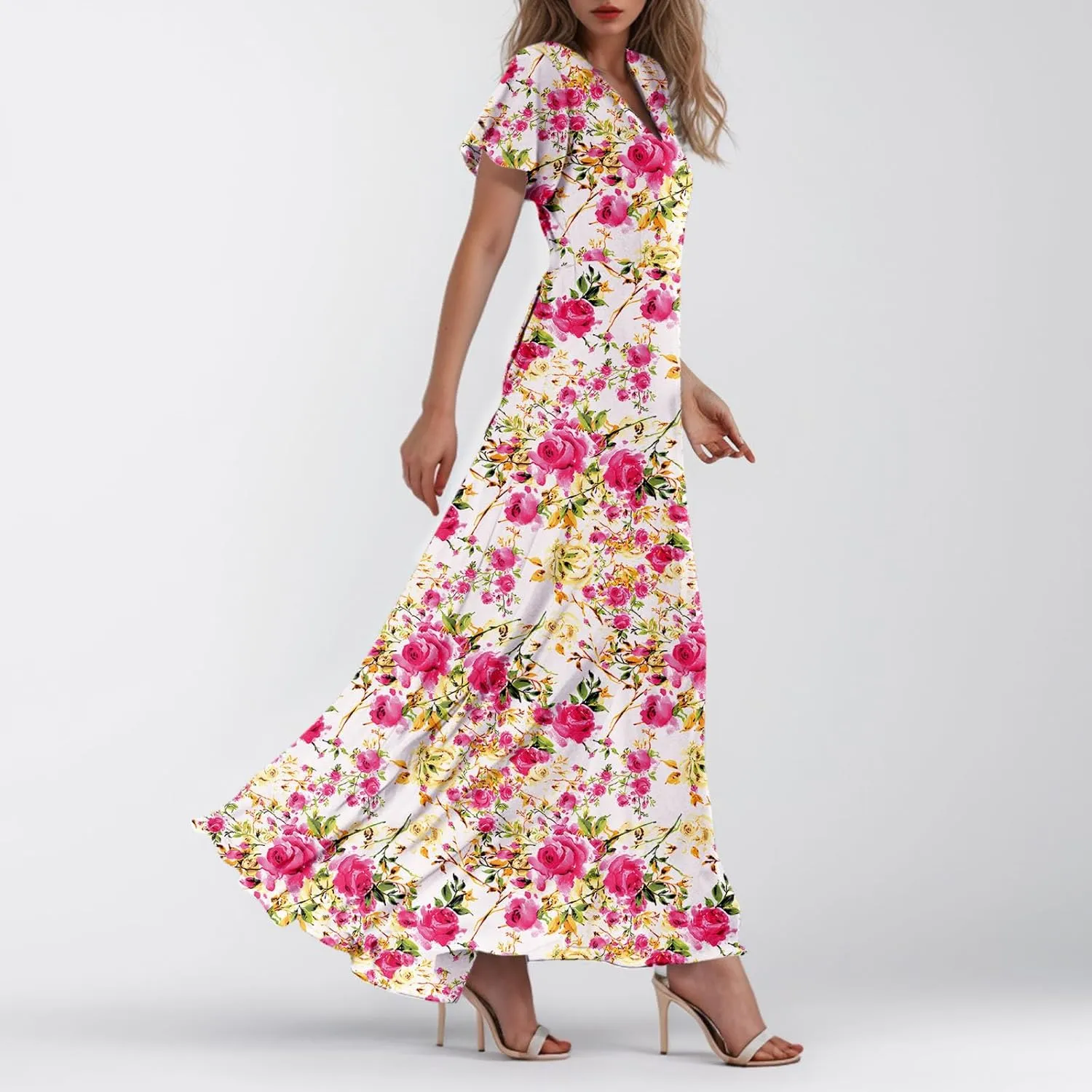 TWGONE Maxi Dresses for Women 2025 Summer Casual Trendy Floral Boho Dress V Neck Short Sleeve Chiffon Flowy Beach Dresses