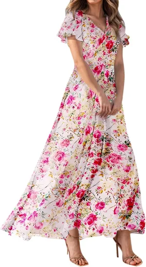 TWGONE Maxi Dresses for Women 2025 Summer Casual Trendy Floral Boho Dress V Neck Short Sleeve Chiffon Flowy Beach Dresses