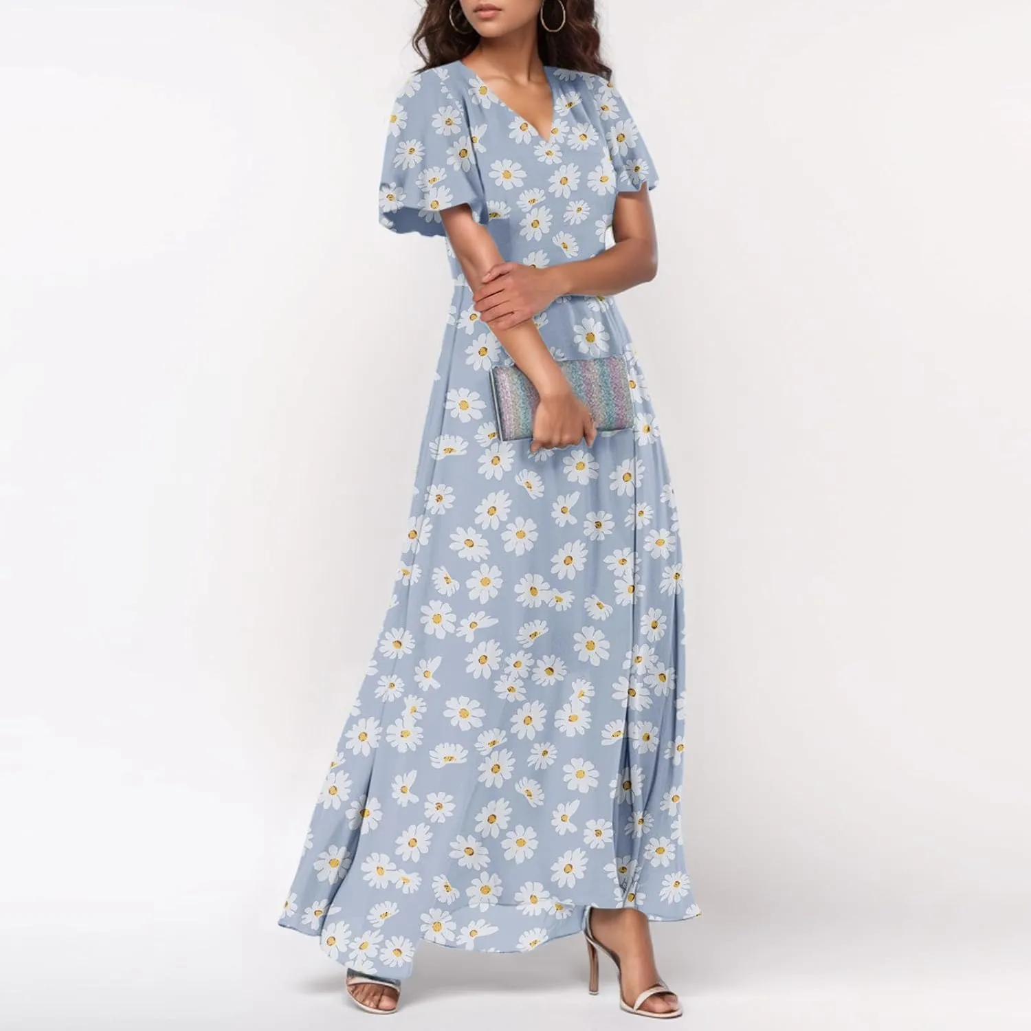 TWGONE Maxi Dresses for Women 2025 Summer Casual Trendy Floral Boho Dress V Neck Short Sleeve Chiffon Flowy Beach Dresses