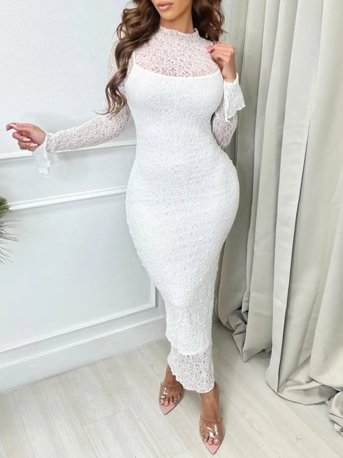 Uni Clau Womens Sexy Lace Dresses Long Sleeve See Through Bodycon Midi Dress 2 Piece Dress Set Birthday Date Night Outfit