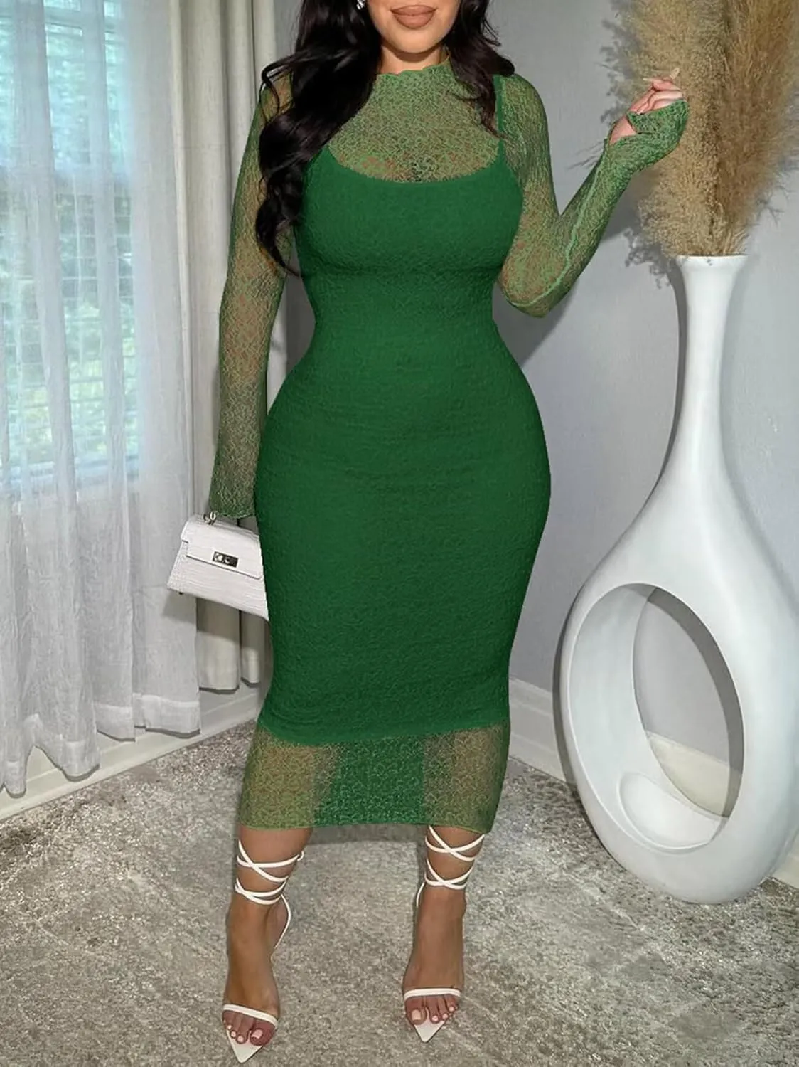 Uni Clau Womens Sexy Lace Dresses Long Sleeve See Through Bodycon Midi Dress 2 Piece Dress Set Birthday Date Night Outfit