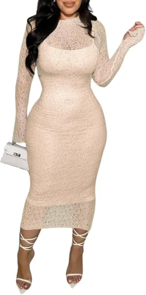 Uni Clau Womens Sexy Lace Dresses Long Sleeve See Through Bodycon Midi Dress 2 Piece Dress Set Birthday Date Night Outfit