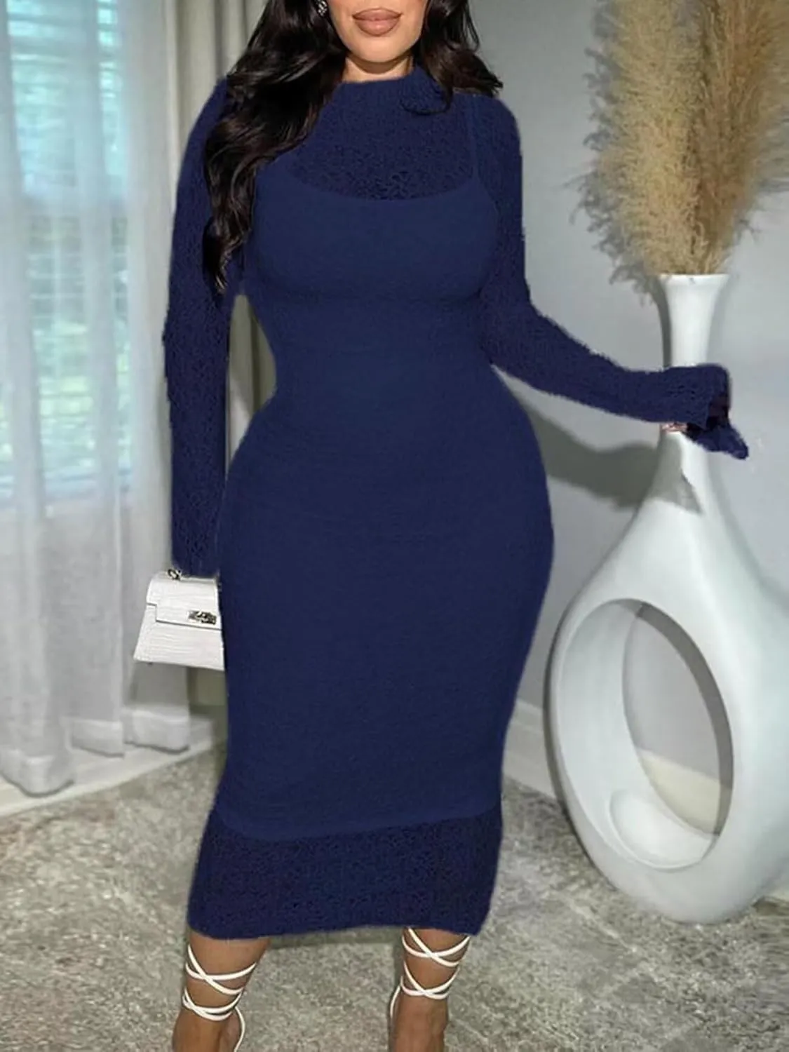 Uni Clau Womens Sexy Lace Dresses Long Sleeve See Through Bodycon Midi Dress 2 Piece Dress Set Birthday Date Night Outfit