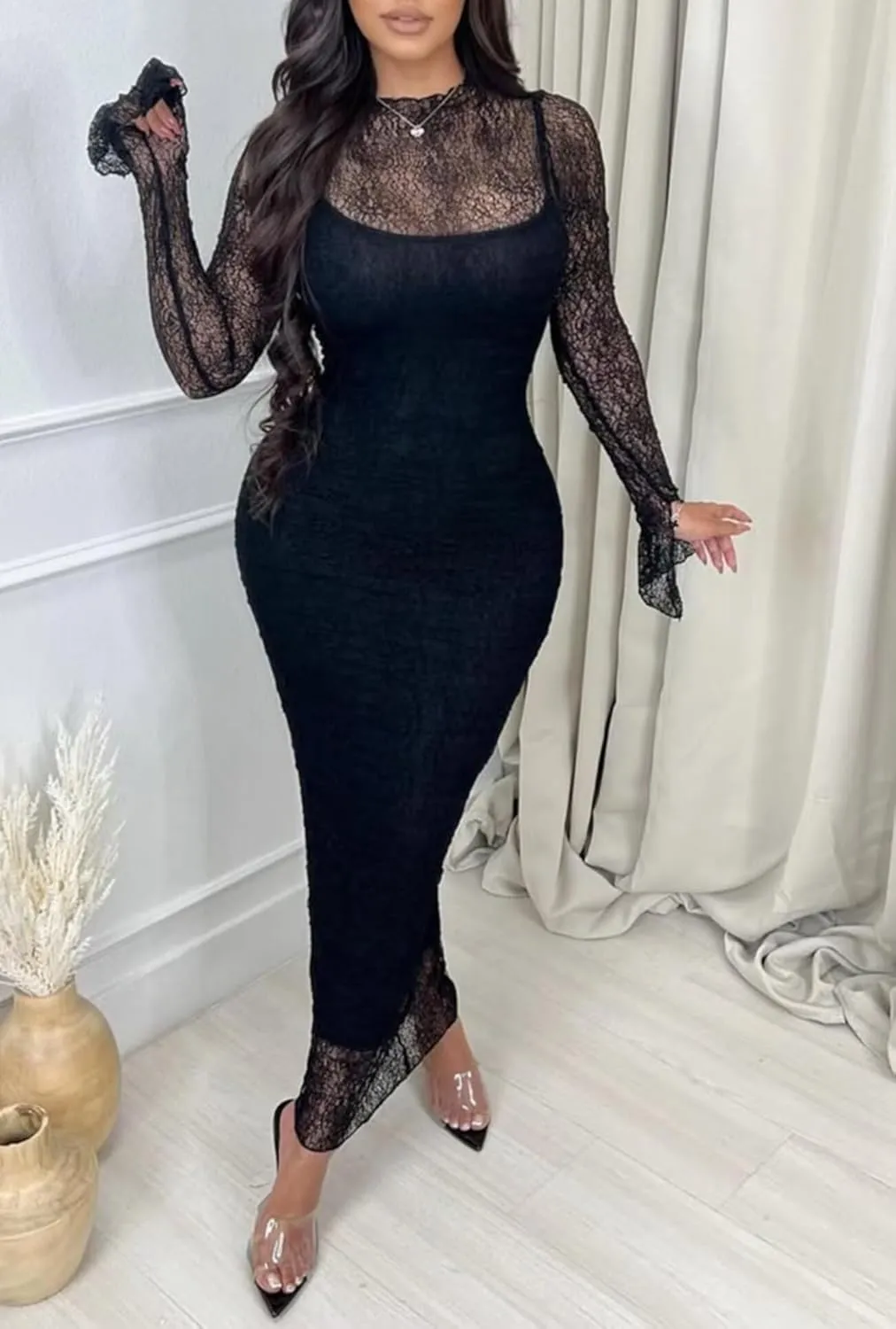 Uni Clau Womens Sexy Lace Dresses Long Sleeve See Through Bodycon Midi Dress 2 Piece Dress Set Birthday Date Night Outfit