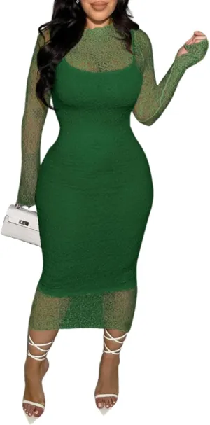 Uni Clau Womens Sexy Lace Dresses Long Sleeve See Through Bodycon Midi Dress 2 Piece Dress Set Birthday Date Night Outfit