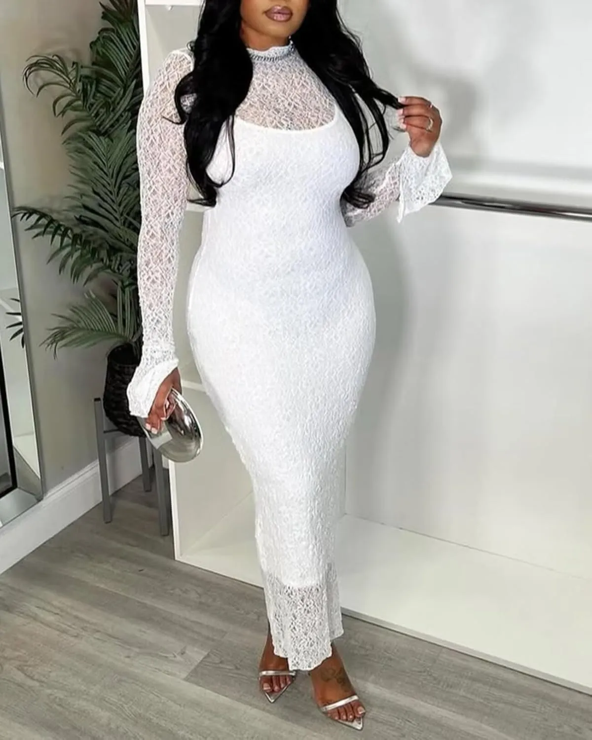 Uni Clau Womens Sexy Lace Dresses Long Sleeve See Through Bodycon Midi Dress 2 Piece Dress Set Birthday Date Night Outfit