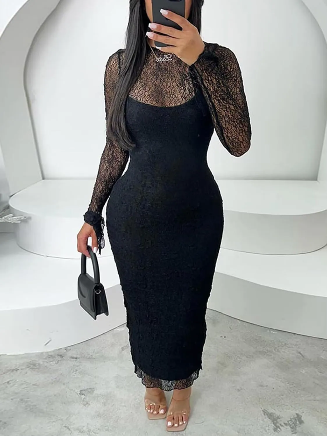 Uni Clau Womens Sexy Lace Dresses Long Sleeve See Through Bodycon Midi Dress 2 Piece Dress Set Birthday Date Night Outfit