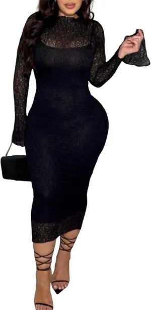 Uni Clau Womens Sexy Lace Dresses Long Sleeve See Through Bodycon Midi Dress 2 Piece Dress Set Birthday Date Night Outfit