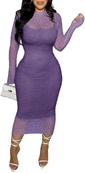 Uni Clau Womens Sexy Lace Dresses Long Sleeve See Through Bodycon Midi Dress 2 Piece Dress Set Birthday Date Night Outfit