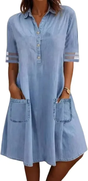 utcoco Denim Dress for Women 2025 Casual Tulle Short Sleeve Button Jean Midi Dress with Pockets