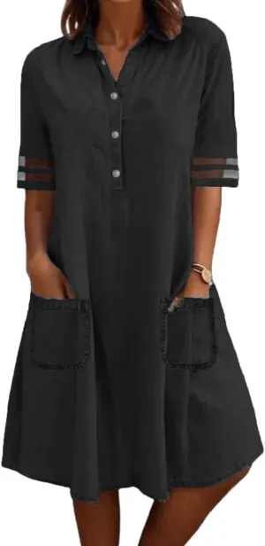 utcoco Denim Dress for Women 2025 Casual Tulle Short Sleeve Button Jean Midi Dress with Pockets