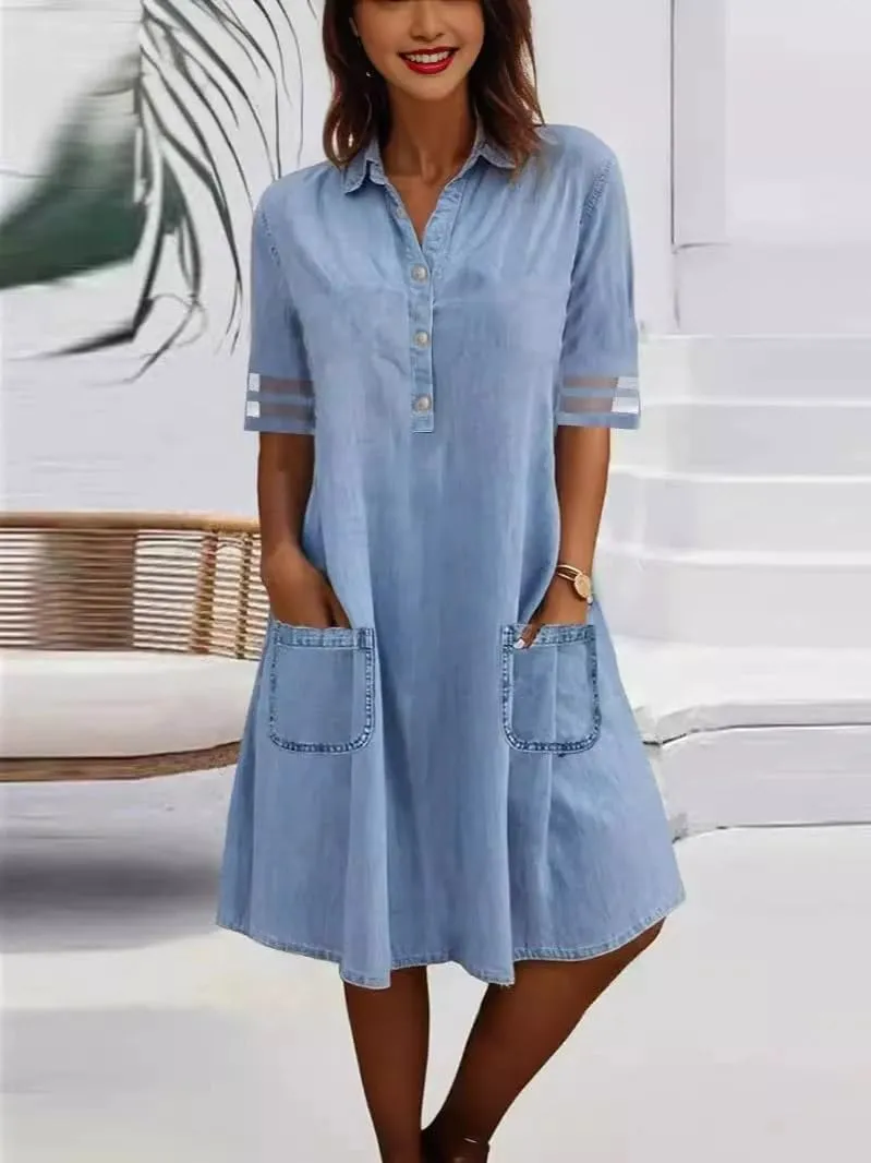 utcoco Denim Dress for Women 2025 Casual Tulle Short Sleeve Button Jean Midi Dress with Pockets