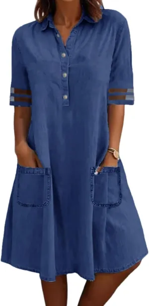utcoco Denim Dress for Women 2025 Casual Tulle Short Sleeve Button Jean Midi Dress with Pockets