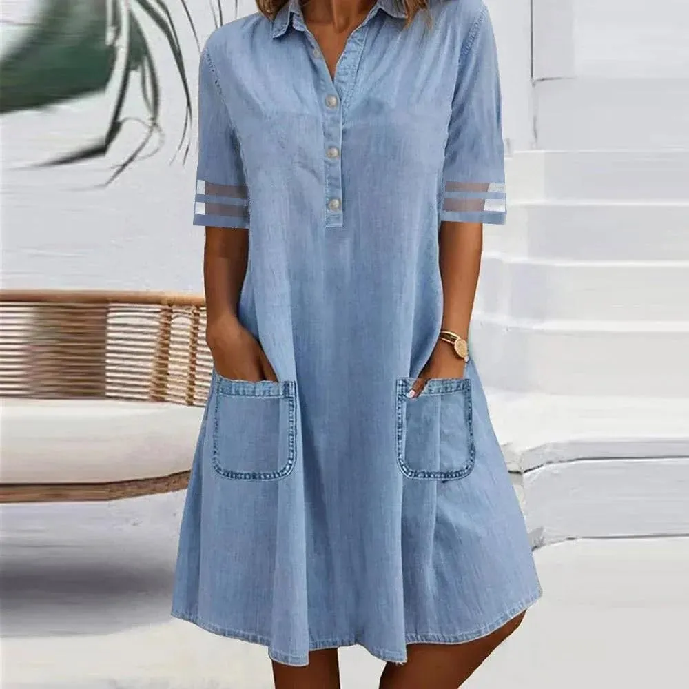 utcoco Denim Dress for Women 2025 Casual Tulle Short Sleeve Button Jean Midi Dress with Pockets