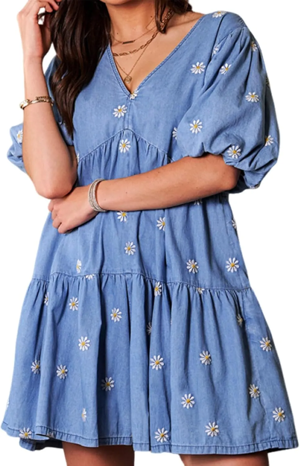utcoco Women's Puff Sleeve Daisy Embroidery Denim Mini Dress 2025 Summer Casual Ruffle A Line Swing Jean Dress