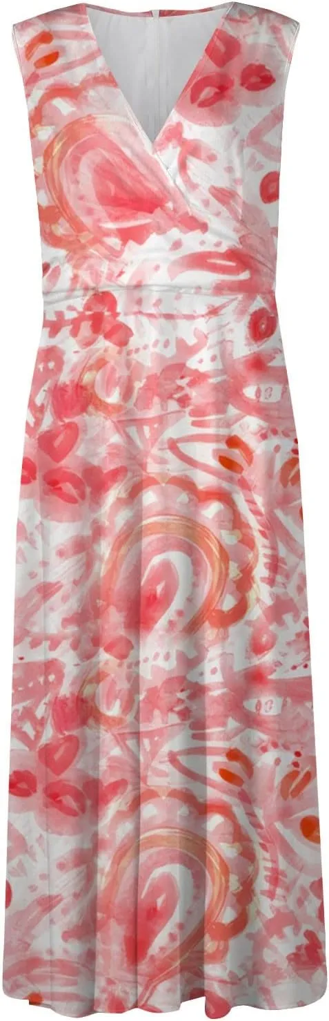Vacation Dresses for Women, Summer Beach Plus Size V-Neck Sleeveless Fashion Dress Flowy Floral Printing Long Dresses