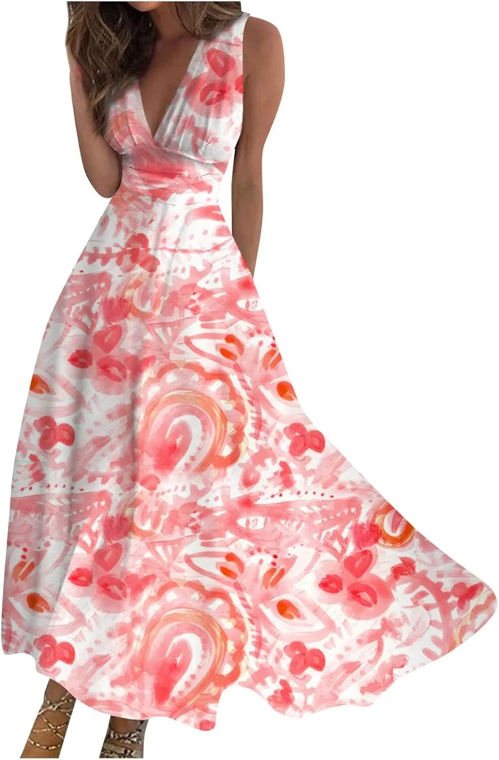 Vacation Dresses for Women, Summer Beach Plus Size V-Neck Sleeveless Fashion Dress Flowy Floral Printing Long Dresses