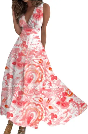Vacation Dresses for Women, Summer Beach Plus Size V-Neck Sleeveless Fashion Dress Flowy Floral Printing Long Dresses
