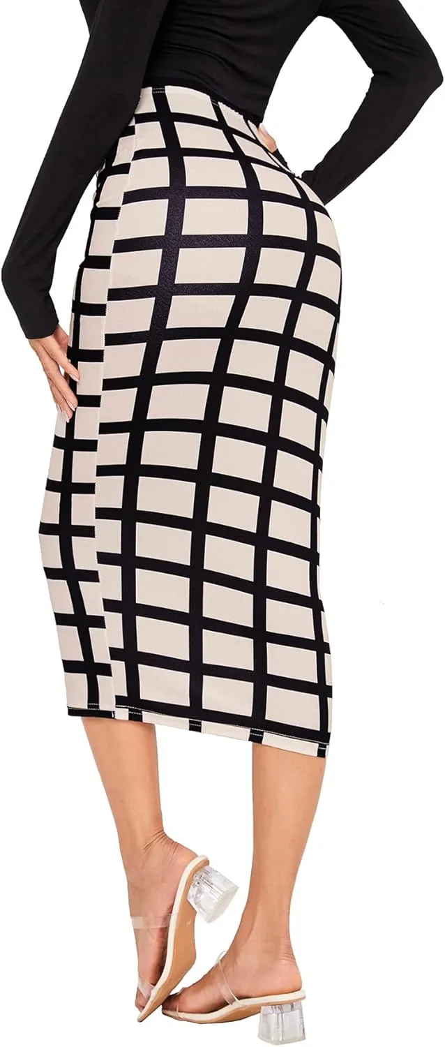 Verdusa Women's Elegant Plaid Elastic Waist Bodycon Midi Skirt